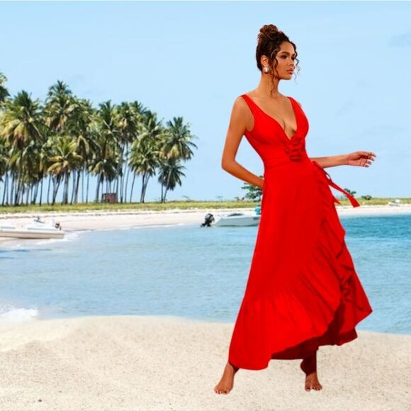 🌹New Elegant Red Plunge One Piece Swimsuit with Floral Detail - Picture 4 of 16